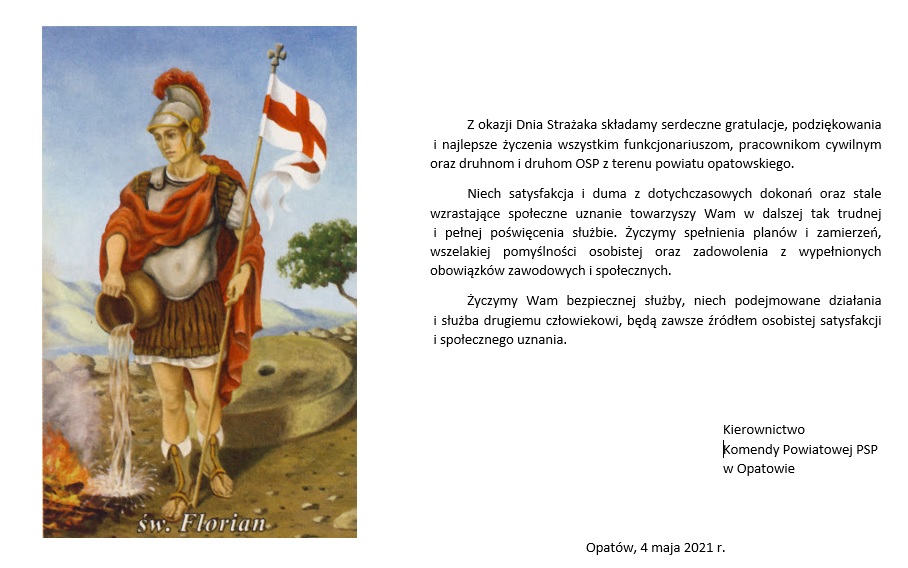 Życzenia Komendanta Powiatowego PSP w Opatowie z okazji Dnia Strażaka