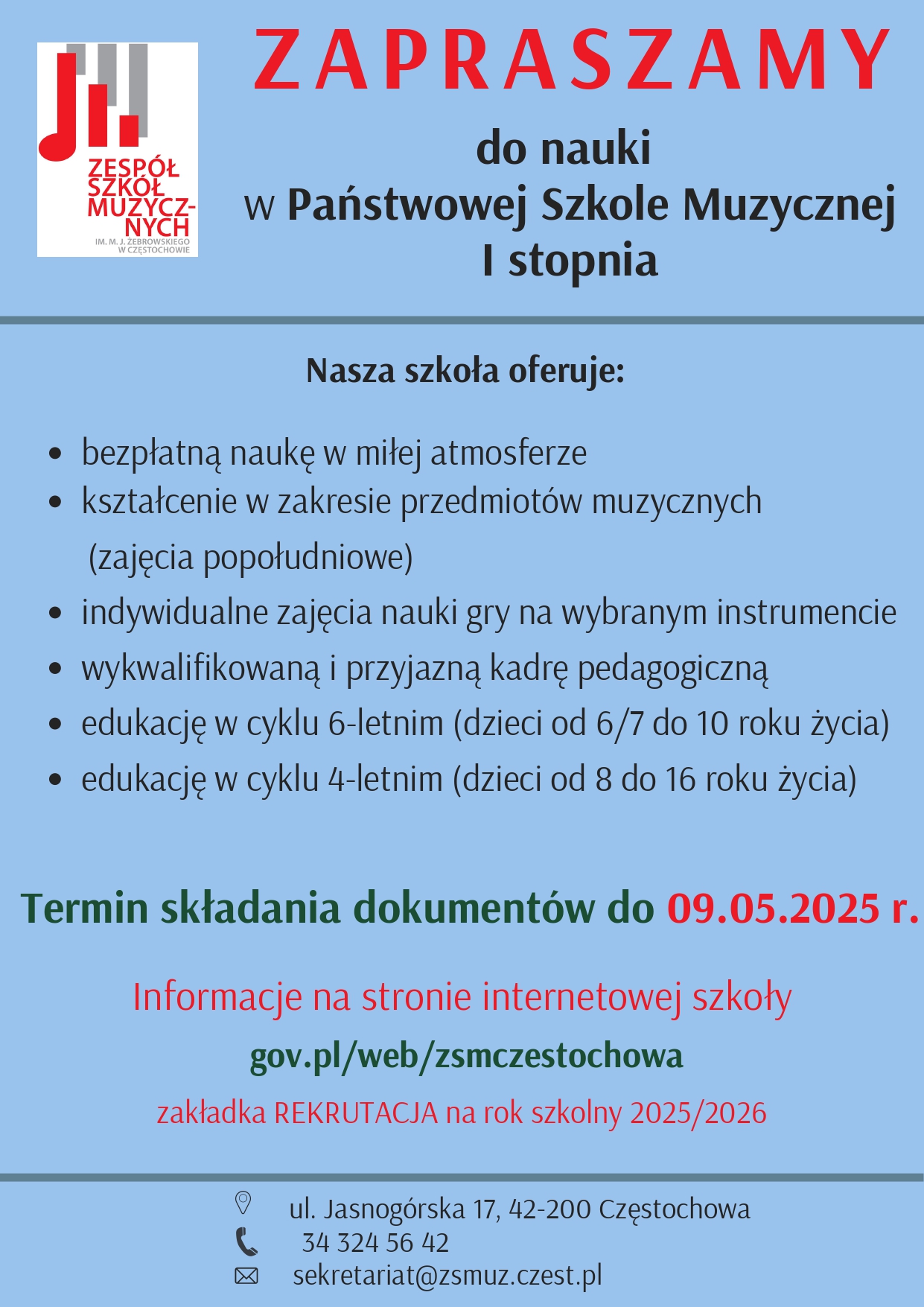 Niebieskie tło, tekst dotyczący informacji o rekrutacji do klasy pierwszej PSM I st.