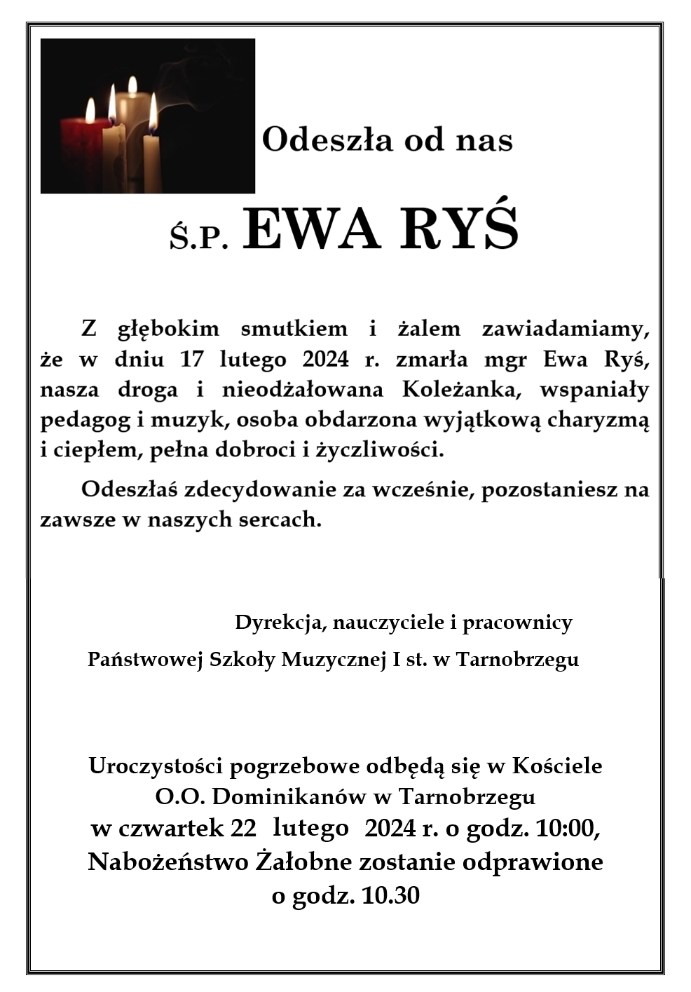 W lewym górnym rogu nekrologu widoczne zdjęcie zapalonych świec na czarnym tle. Nekrolog z białym tłem, dookoła czarna ramka.