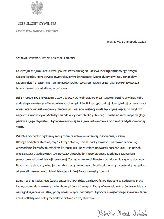 List Szefa Służby Cywilnej do członków korpusu służby cywilnej