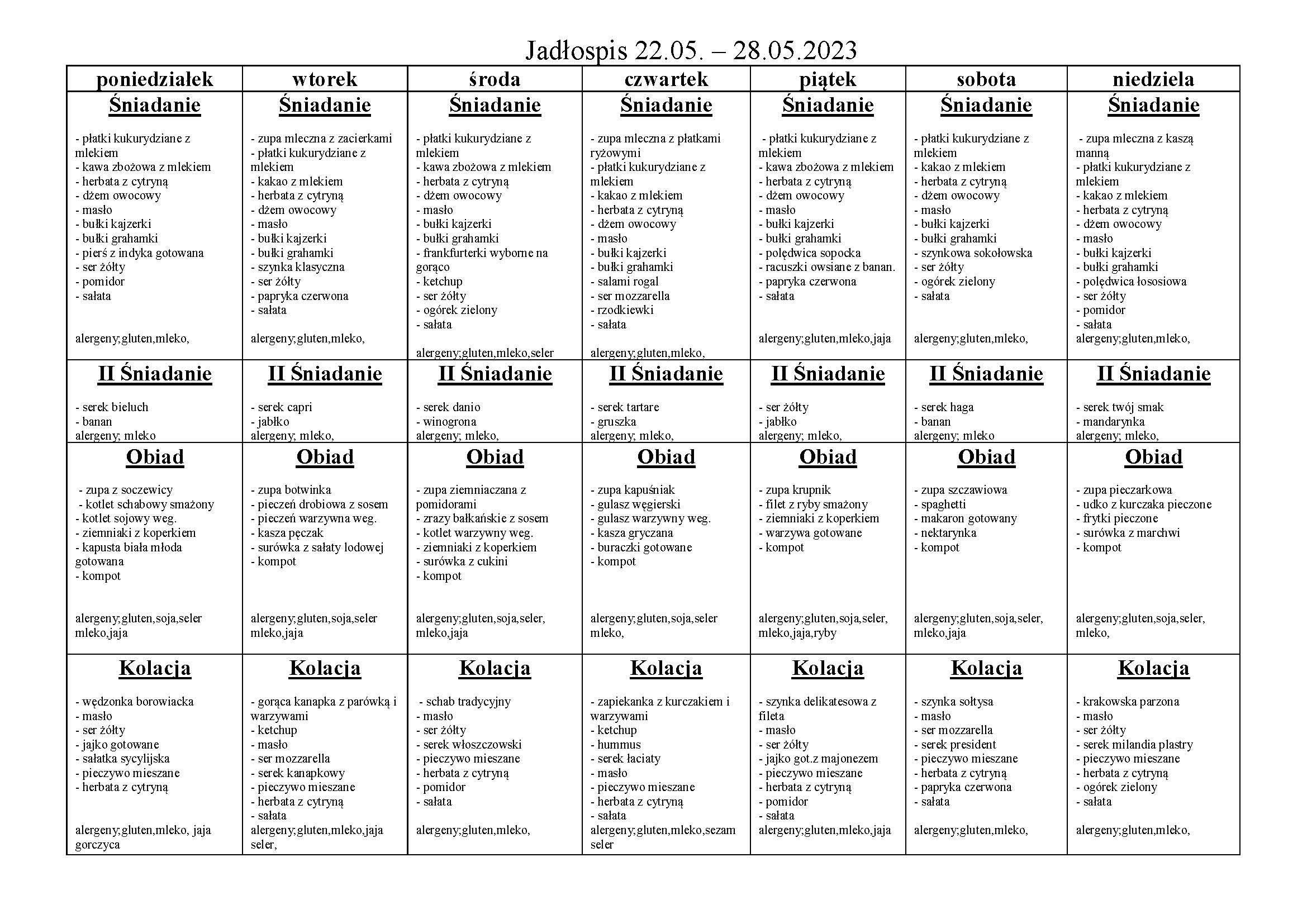 Jadłospis tygodniowy