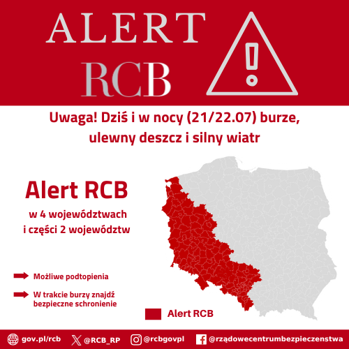 Alert_RCB_21_lipca_2025. Ulewny leszcz burze i silny wiatr. kolorem czerwonym zaznaczony jest obszar alarmowania.