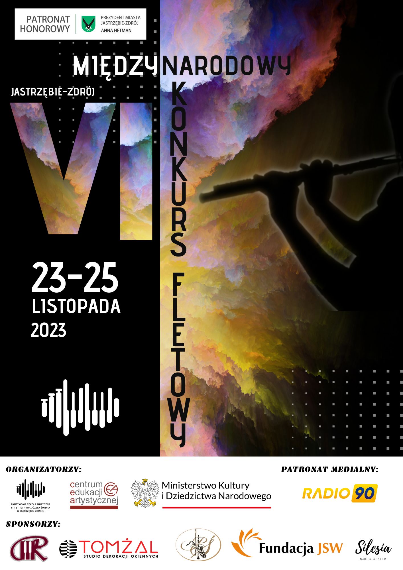 Plakat informujący o Międzynarodowym konkursie fletowym, który odbędzie się 23-25 listopada 2023. Plakat przedstawia zarys postaci grającej na flecie