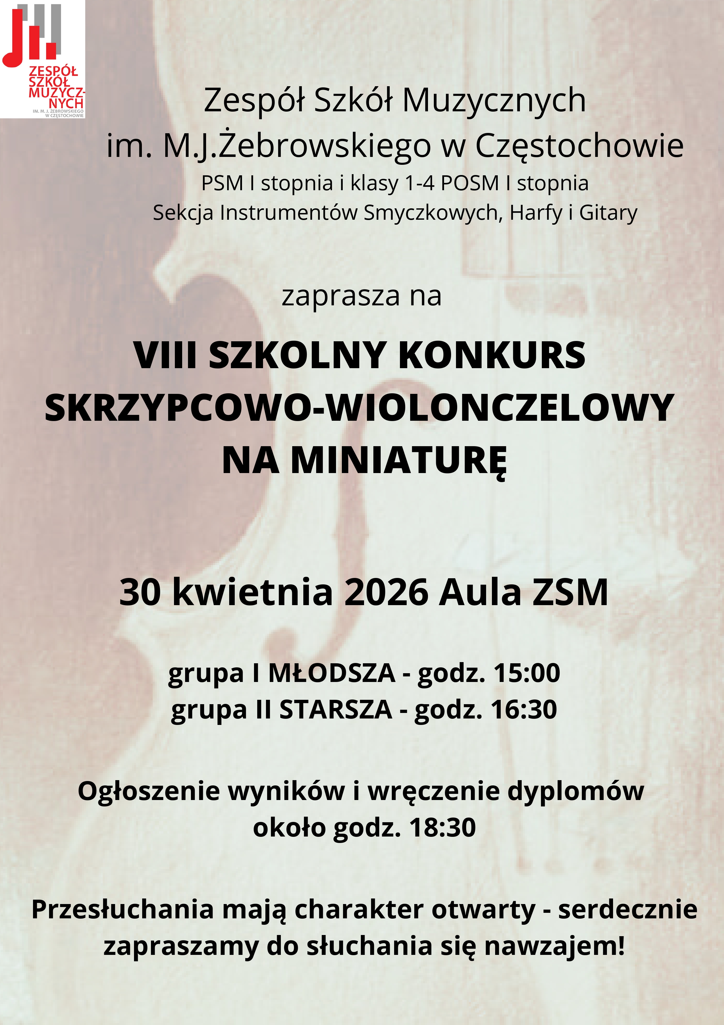 Kremowe tło, logo szkoły, tekst dotyczący szkolnego konkursu skrzypcowo - wiolonczelowego na miniaturę 30 kwietnia 2026 r.