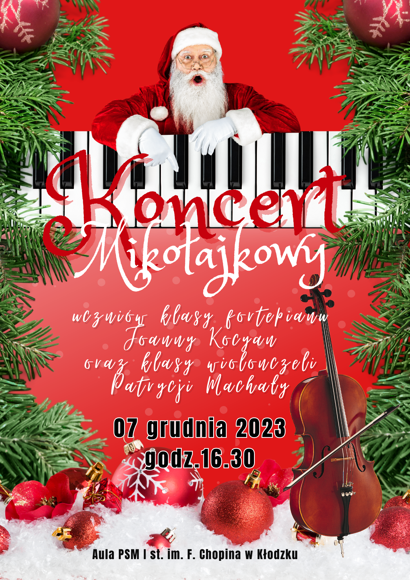 Plakat na czerwonym tle z grafiką Mikołaja oraz klawiszy fortepiany z szczegółową informacją tekstową dot. koncertu mikołajkowego, który odbędzie się 07 grudnia 2023