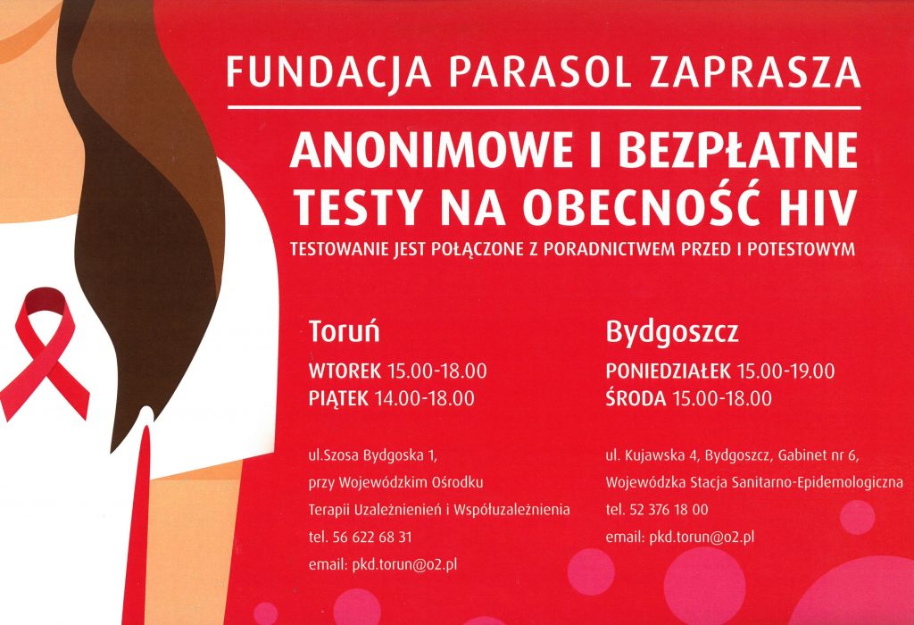 Plakat Fundacji Parasol zapraszający na anonimowe i bezpłatne testy na obecność HIV 