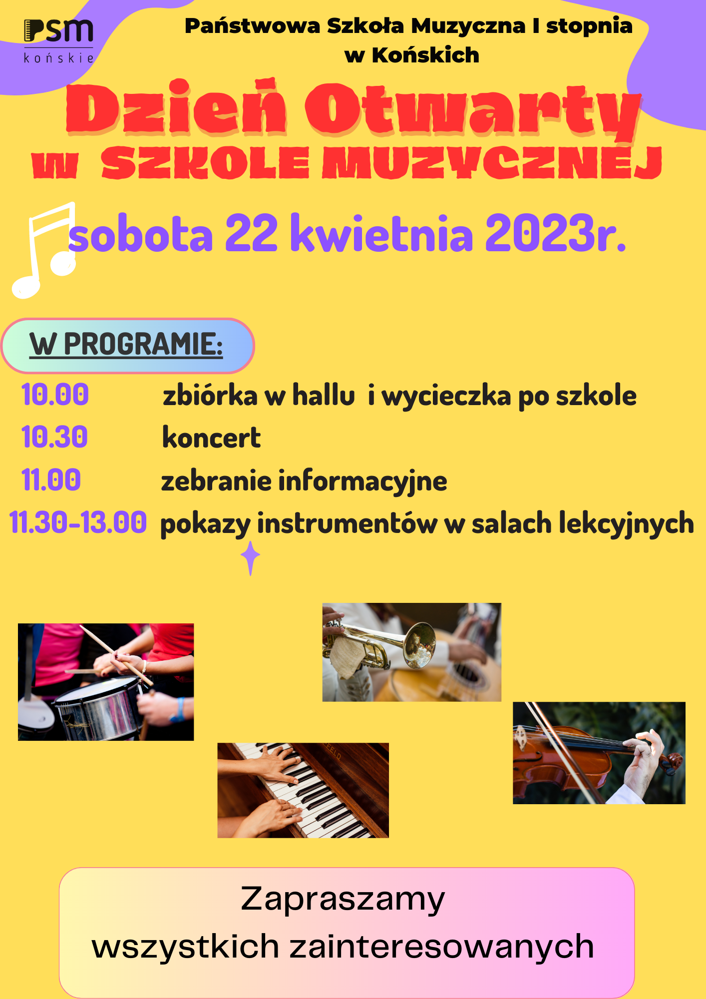 Żólty baner, czerwone litery informujące o dniu otwartym w szkole muzycznej.