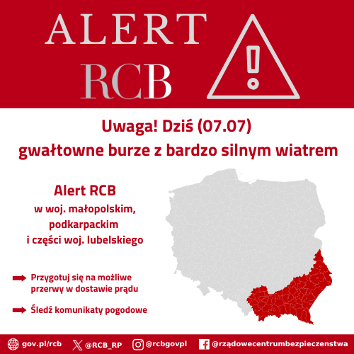 Alert RCB - 7 lipca. Kolorem czerwonym zaznaczony jest obszar alarmowania.