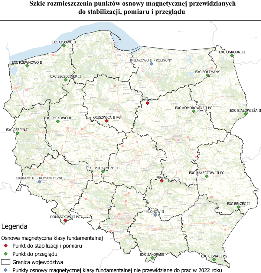 Ilustracja przedstawia mapę Polski z rozmieszczeniem punktów osnowy magnetycznej przewidzianych do stabilizacji, przeglądu i pomiaru.