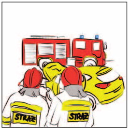 Rysunek narysowany w sposób komiksowy. W żółto -czerwonej kolorystyce, scenka przedstawiająca kolizję drogową.. Na piwerwszym planie dwóch strażaków odróconych plecami. Na ubraniach specjalnych napis straż. Na głowach mają hełmy czerwone. Przed nimi żółty samochód osobowy z uszkodzoną maską i samochód pożarniczy czerowny.