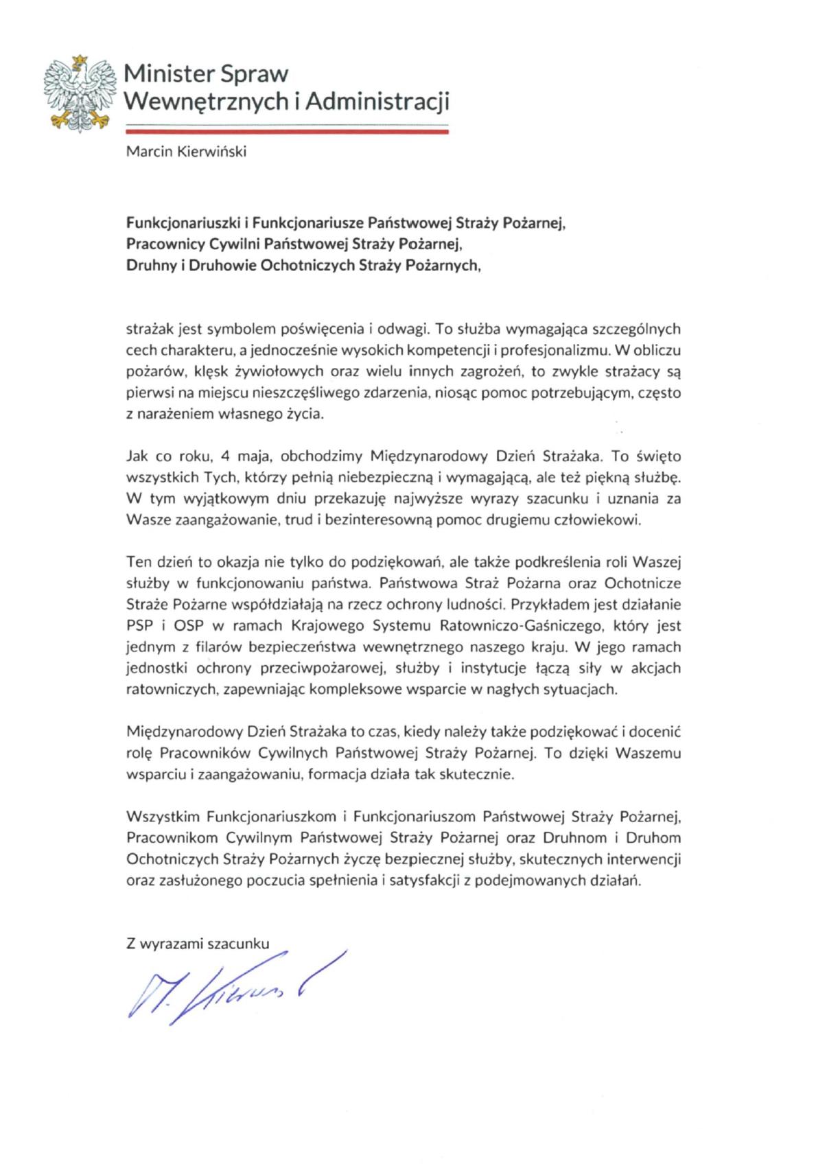 Życzenia Ministra Spraw Wewnętrznych i Administracji z okazji Dnia Strażaka