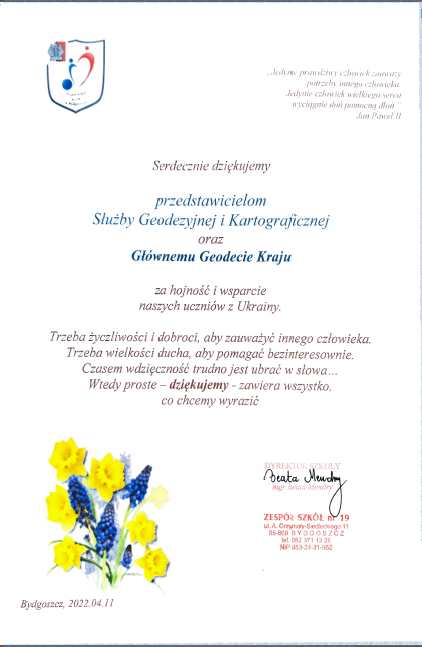 Ilustracja przedstawia podziękowanie za dary od Zespołu Szkół nr 19 w Bydgoszczy im. Synów Pułków.
