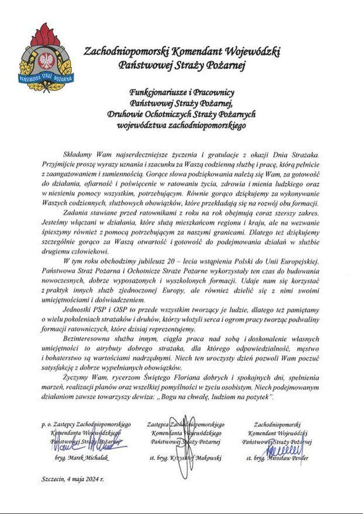 Grafika przedstawiająca życzenia zachodniopomorskiego komendanta wojewódzkiego psp z okazji dnia strażaka 2024