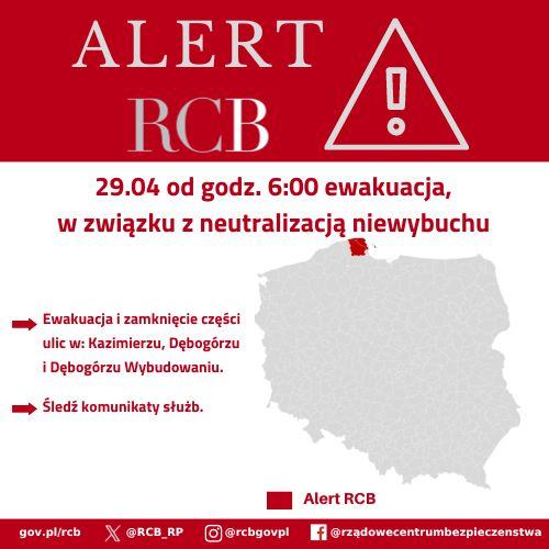 Alert RCB – neutralizacja niewybuchu. Kolorem czerwonym zaznaczony jest obszar alarmowania.