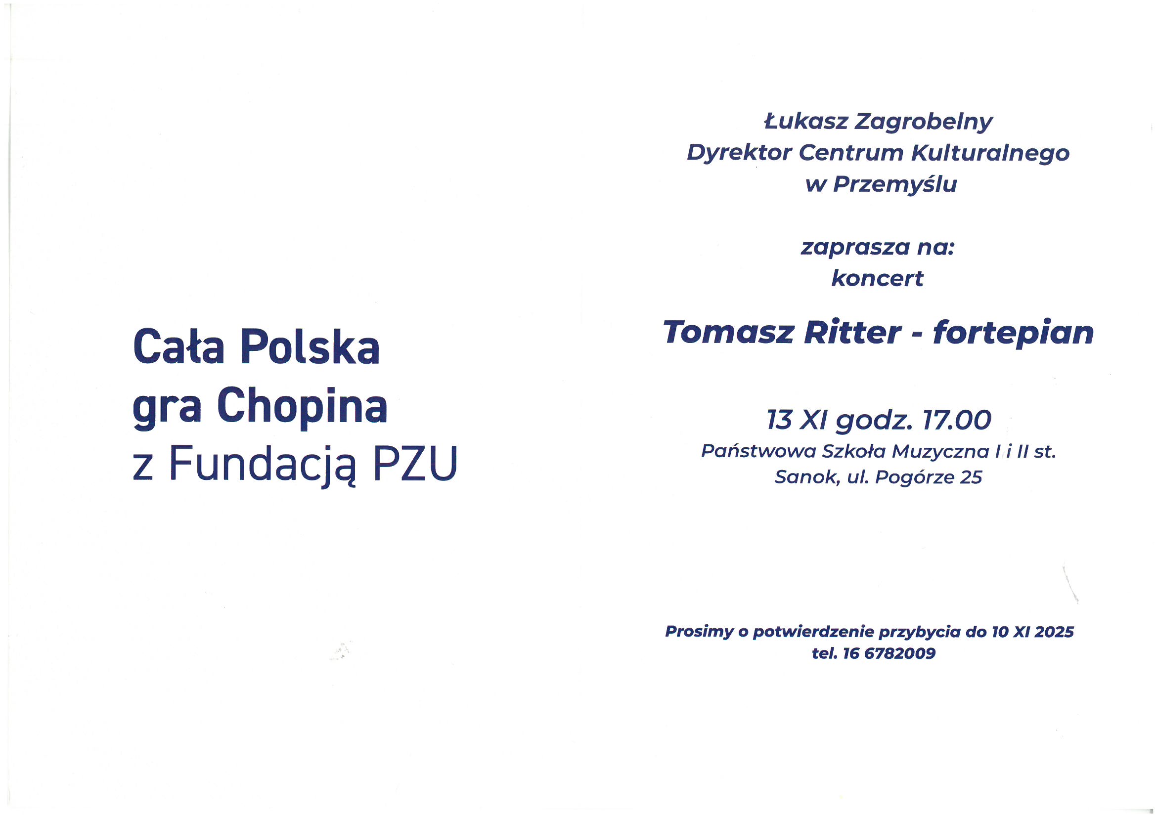 Zaproszenie - Cała Polska gra Chopina. Białe tło, niebieski tekst