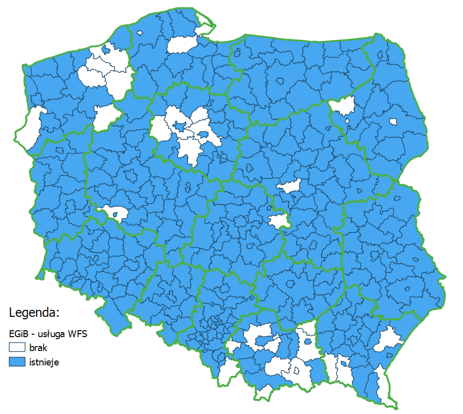 1 Ilustracja przedstawia mapę Polski z podziałem na powiaty, na której zaznaczone kolorem niebieskim są powiaty umożliwiajace pobieranie pobieranie danych dotyczących geometrii działek i budynków.