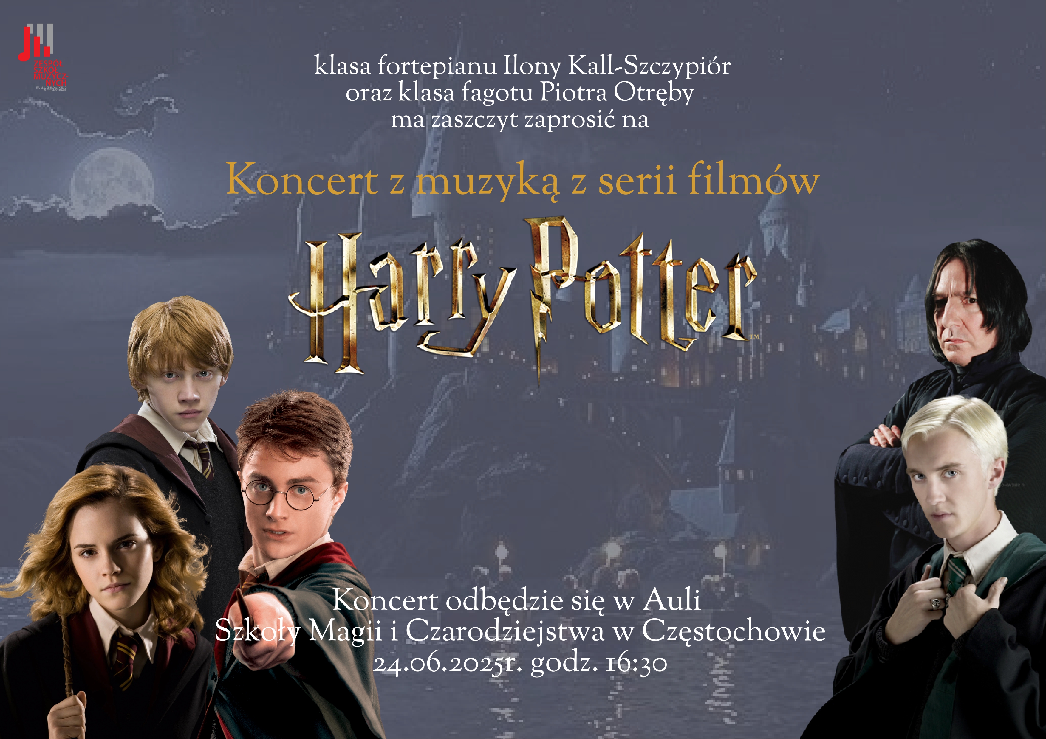 Szare tło ze zdjęciami postaci z Harrego Pottera, logo szkoły, tekst dotyczący koncertu ZSM 24.06.2025 r. godz. 16.30.