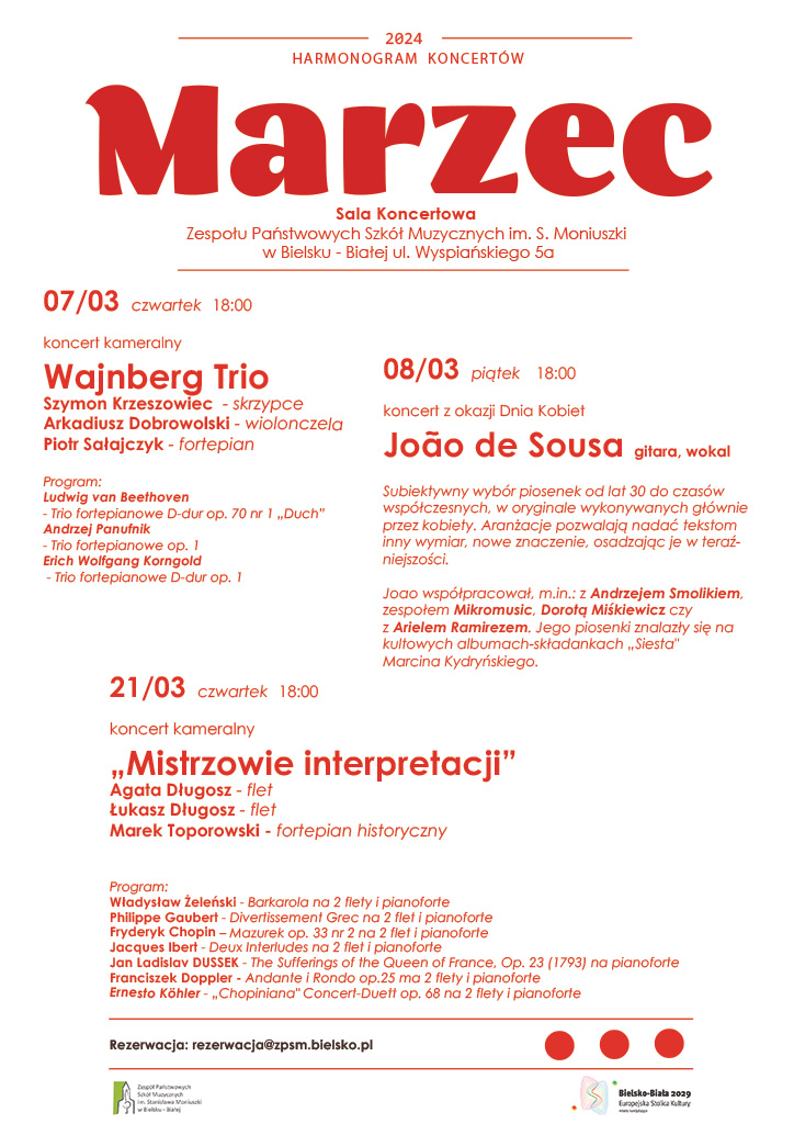 Harmonogram koncertów w sali koncertowej ZPSM w Bielsku-Białej marzec 2024