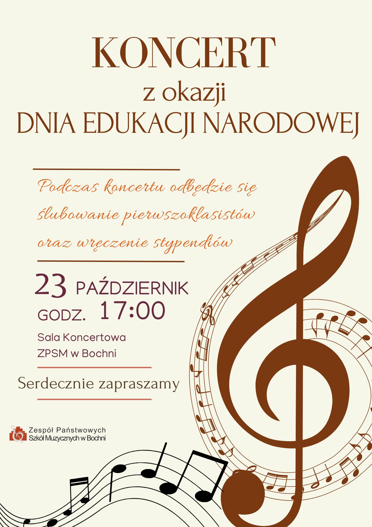 Na białym tle, w górnej części zamieszczony jest tekst literami w odcieniach brązu: ,,KONCERT z okazji DNIA EDUKACJI NARODOWEJ’’ oraz ,,Podczas koncertu odbędzie się ślubowanie pierwszoklasistów i wręczenie stypendiów’’. W części centralnej w lewej części, fioletowymi literami napis: ,,23 PAŹDZIERNIK GODZ. 17:00, Sala koncertowa ZPSM w Bochni’’, poniżej czarnym drukiem: ,,Serdecznie zapraszamy’’. W części centralnej i dolnej po prawej stronie został ulokowany klucz wiolinowy oraz oplatająca go pięciolinia z nutami w kolorze brązu. W części dolnej po lewej stronie umieszczono logo szkoły a na samym dole plakatu pięciolinia z nutami w kolorze czarnym.