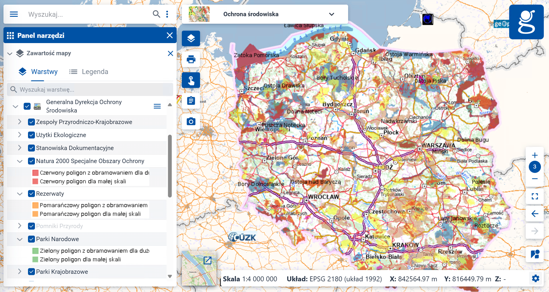 zrzut ekranu modułu "Ochrona Środowiska" w serwisie www.geoportal.gov.pl
