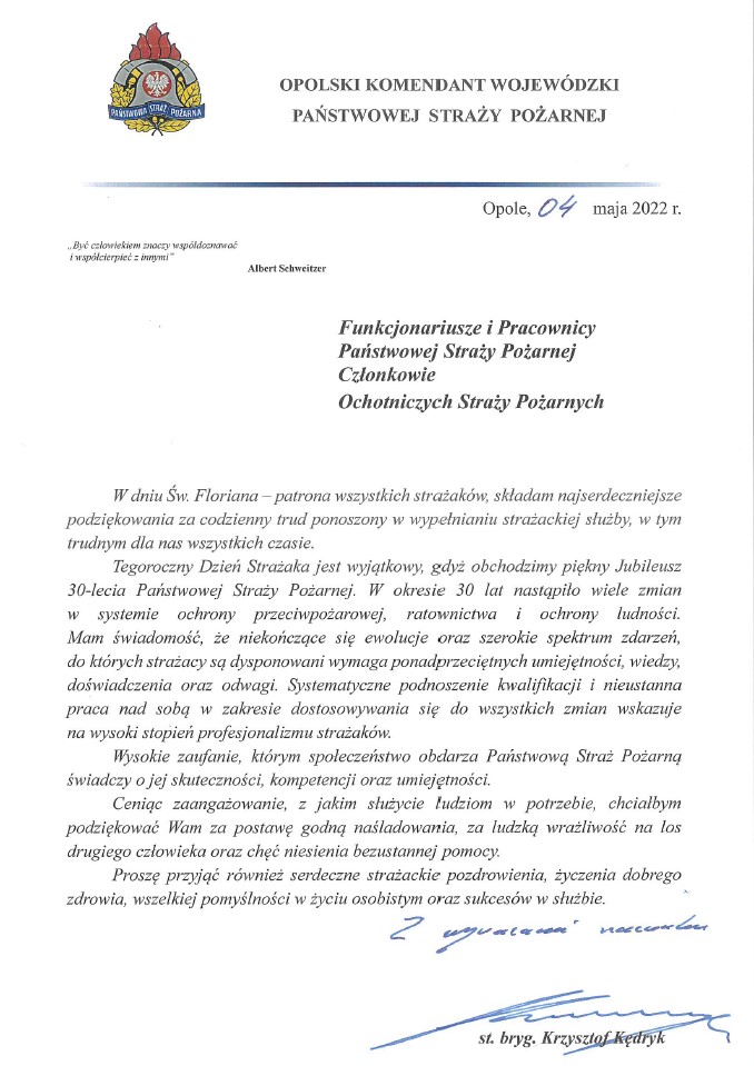 List Opolskiego Komendanta Wojewódzkiego Państwowej Straży Pożarnej z okazji Dnia Strażaka_2022