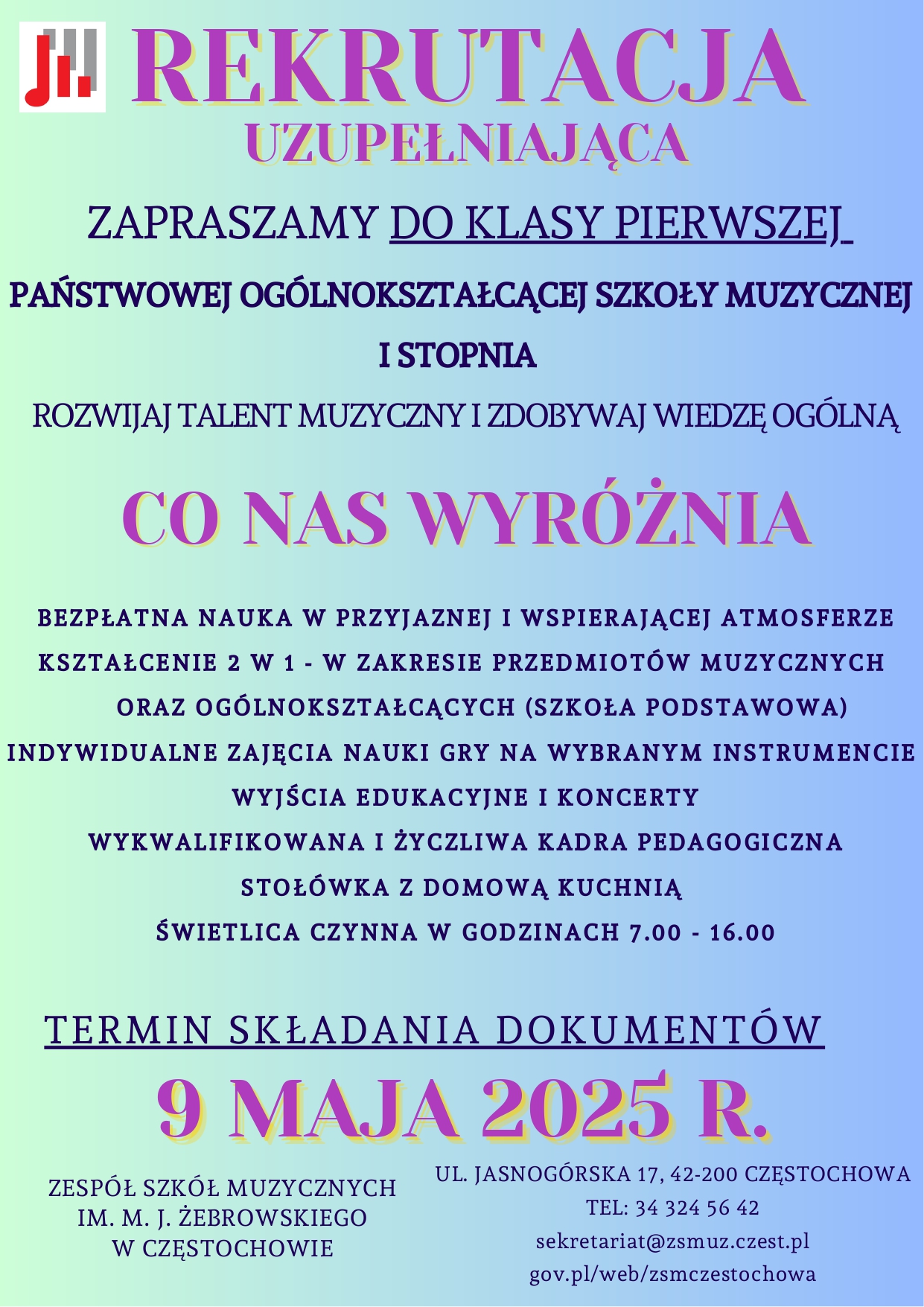Zielono - niebieskie tło, po lewej logo szkoły, tekst dotyczący rekrutacji uzupełniającej do POSM I st.