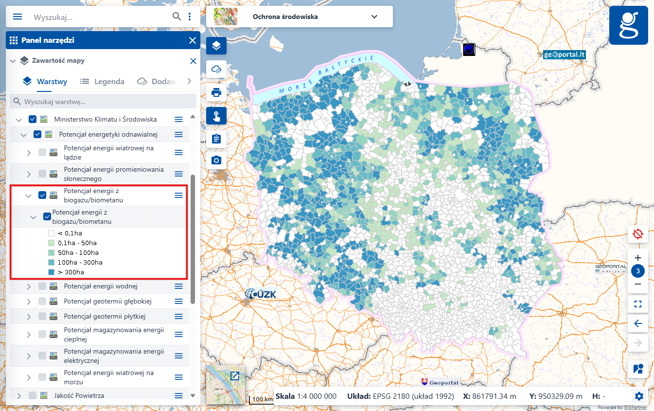 Zrzut ekranu z serwisu www.geoportal.gov.pl, prezentujący nową usługę „Potencjał energii z biogazu/biometanu”.