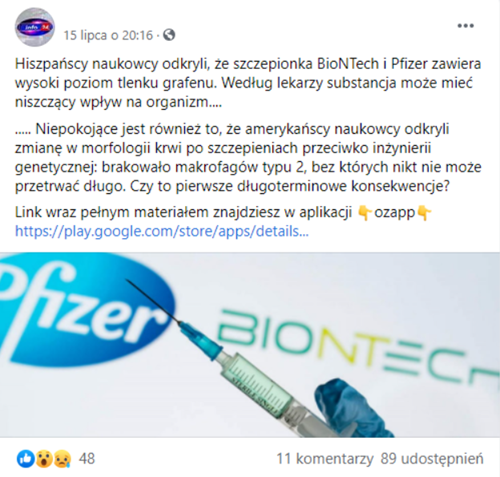 Zrzut ekranu jednego z wpisów na Facebooku sugerujący, że grafen znajduje się w szczepionkach.