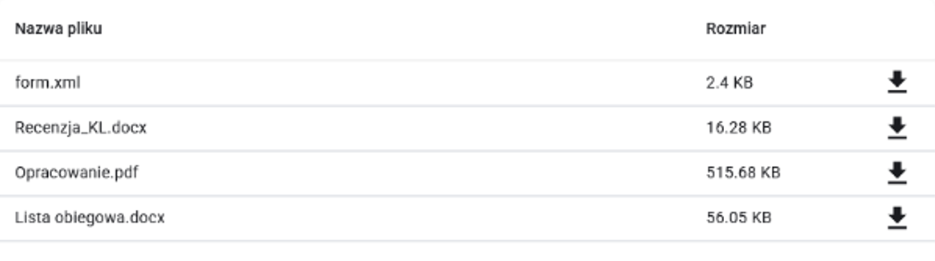 Widok plików do pobrania na platformie docuRob.