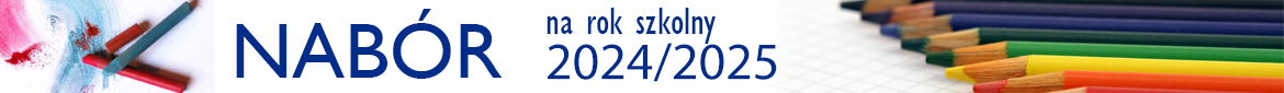 Baner z informacją o naborze na rok szkolny 2024/25, w tle kolorowe kredki