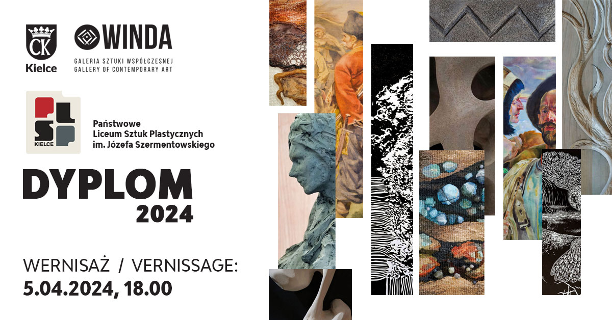 plakat przestawia częściowo prace uczniów a pod pracami jest napis w kolorze czarnym, który brzmi: DYPLOM 2024 wernisaż 5.04.2024, 18.00, jest też logo kieleckiego plastyka składające się z liter PLSP w kolorze: P - czerwonym, L i S - czarnym i P - szarym