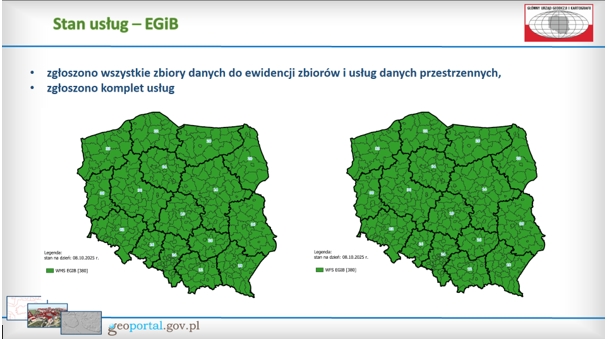 mapa Polski obrazująca stan wdrożenia usług WMS ewidencji gruntów i budynków oraz mapa Polski obrazująca stan wdrożenia usług WFS ewidencji gruntów i budynków
