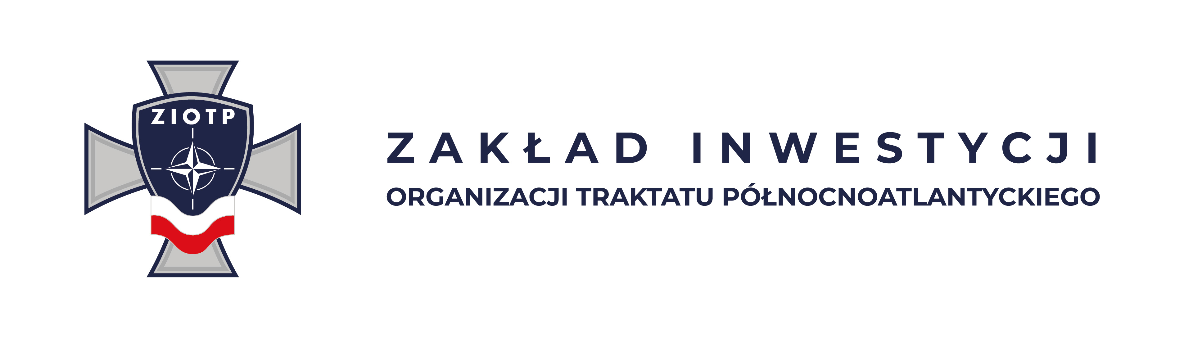 po lewej stronie granatowa tarcza z gwiazdą w środku i napisem ZIOTP. Za tarczą szary krzyż. Na dole tarczy flaga Polski biało- czerwona. Na środku napis Zakład Inwestycji Organizacji Traktatu Północnoatlantyckiego