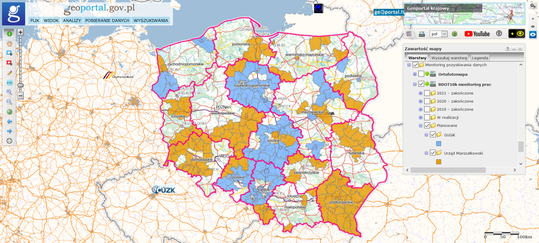 Ilustracja przedstawia obszary powiatów z planowaną w 2022 roku aktualizacją zbiorów danych BDOT10k.