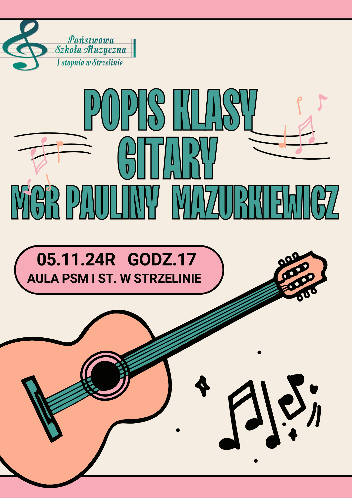 Na jasnym tle zostały umieszczone kolorowe napisy oraz grafiki nut i gitary.