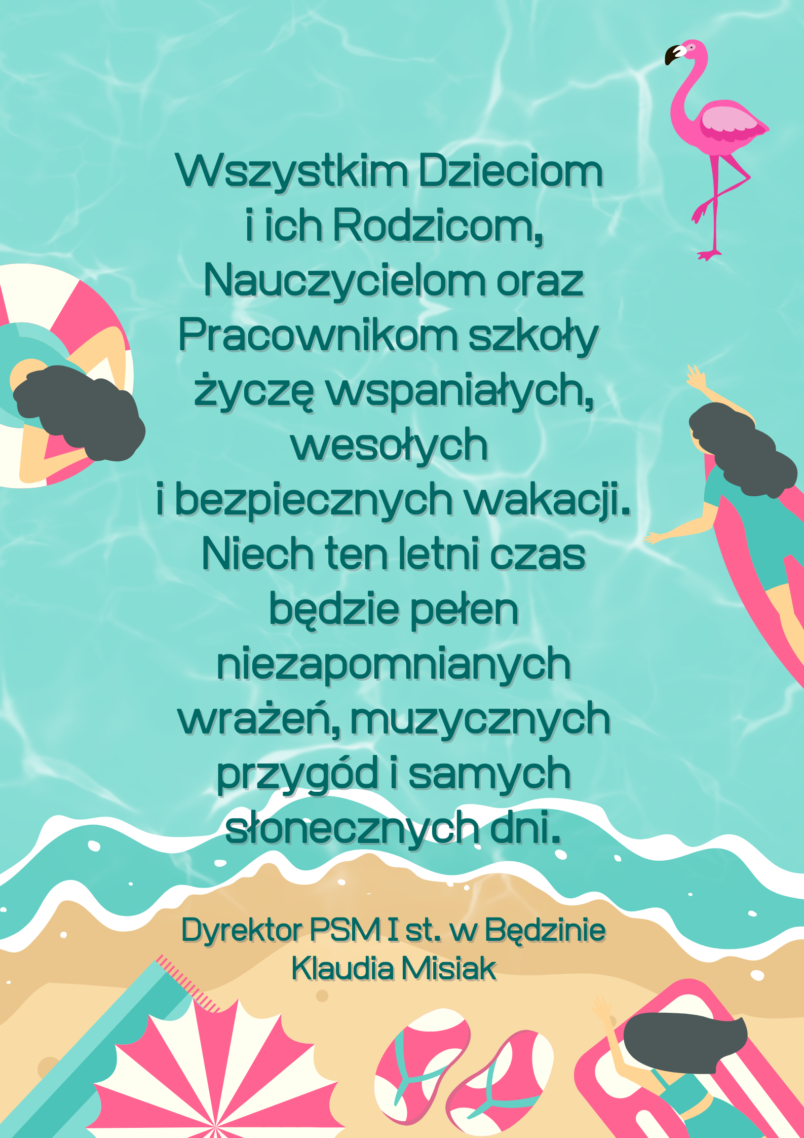 plakat na niebieskim tle, na górze flaming 