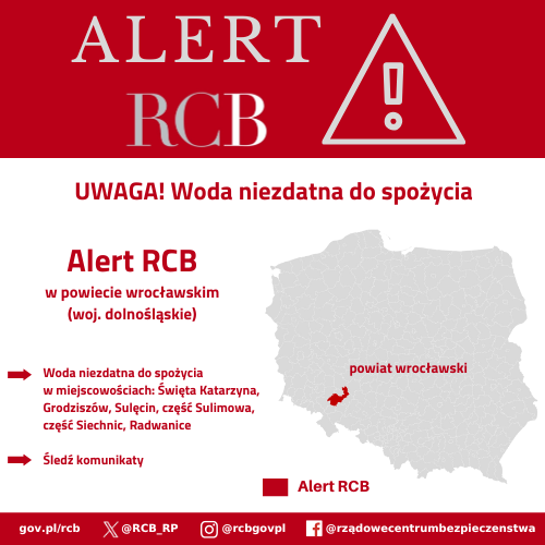 Alert RCB - woda niezdatna do spożycia w powiecie wrocławskim (województwo dolnośląskie) z 22 października 2025. Na czerwono zaznaczony obszar alarmowania.