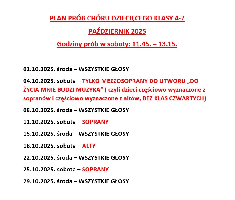 Plan pracy chóru dziecięcego w miesiącu październik 2025
