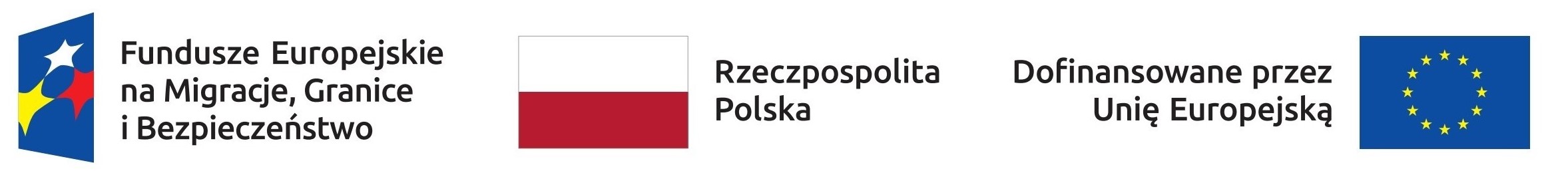 Logotypy od lewej: Fundusze Europejskie na Migrację, Granice i Bezpieczeństwo, Rzeczpospolita Polska, Dofinansowane przez Unię Europejską.