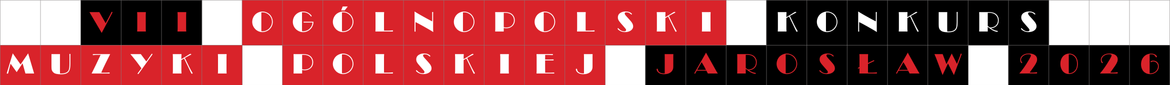 Wąski, poziomy baner graficzny VII Ogólnopolskiego Konkursu Muzyki Polskiej Jarosław 2026. Całość tekstu jest wpisana w rządek sąsiadujących kwadratów w kolorach czerwonym i czarnym na białym tle. Litery są białe lub czerwone, utrzymane w nowoczesnej, geometrycznej stylistyce.