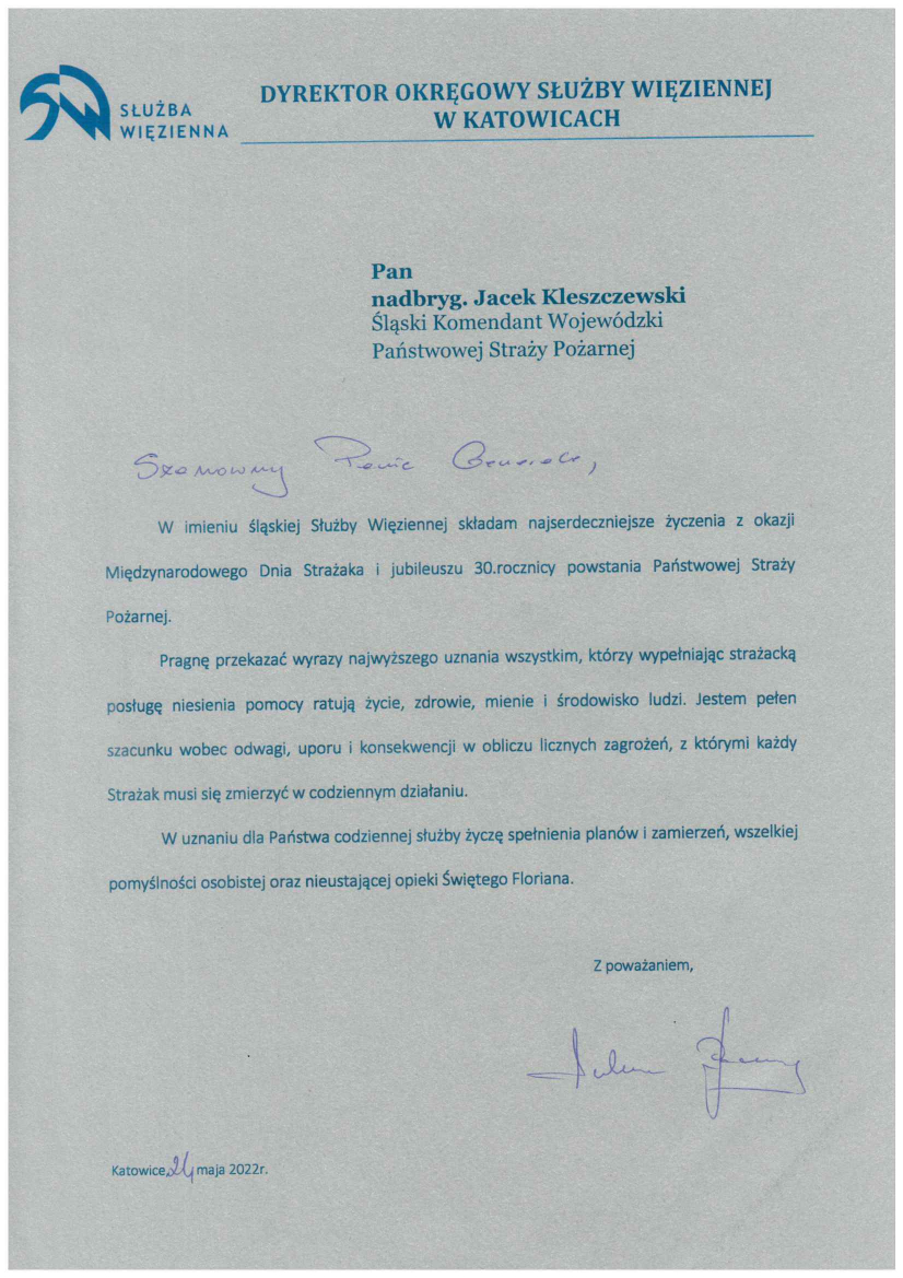 Życzenia od Dyrektor Okręgowy Służby Więziennej w Katowicach 