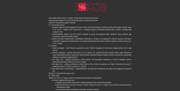 Zrzut ekranu strony z treścią regulaminu systemu S46 Cyber Hub. Pod tekstem regulaminu widoczny przycisk Zaakceptuj.