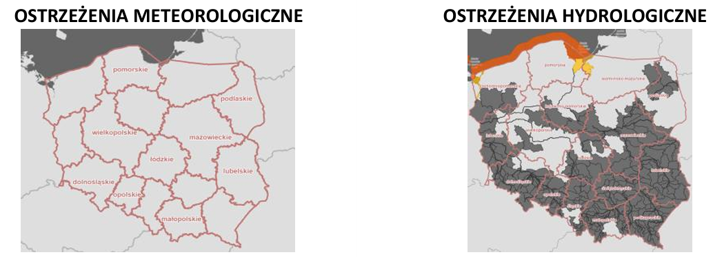 Ostrzeżenia meteorologiczne i hydrologiczne z podziałem na województwa - 23 września 2026. Kolor czerwony dla ostrzeżeń 3 stopnia, pomarańczowy dla 2 stopnia, żółty dla 1 stopnia, szary dla suszy, biały brak ostrzeżeń.