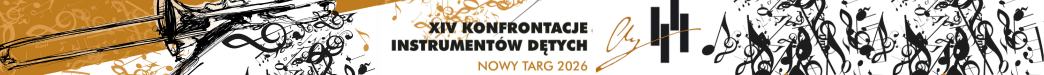 Białe tło, w lewym rogu kolor złoty rozsypane czarne oraz złotawe nutki. Od lewej strony czarny puzon, na środku czarny napis drukowanymi literami XIV Konfrontacje Instrumentów Dętych , pod spodem złoty napis Nowy Targ 2026. Obok logo szkoły, następnie rozsypane czarne nutki.