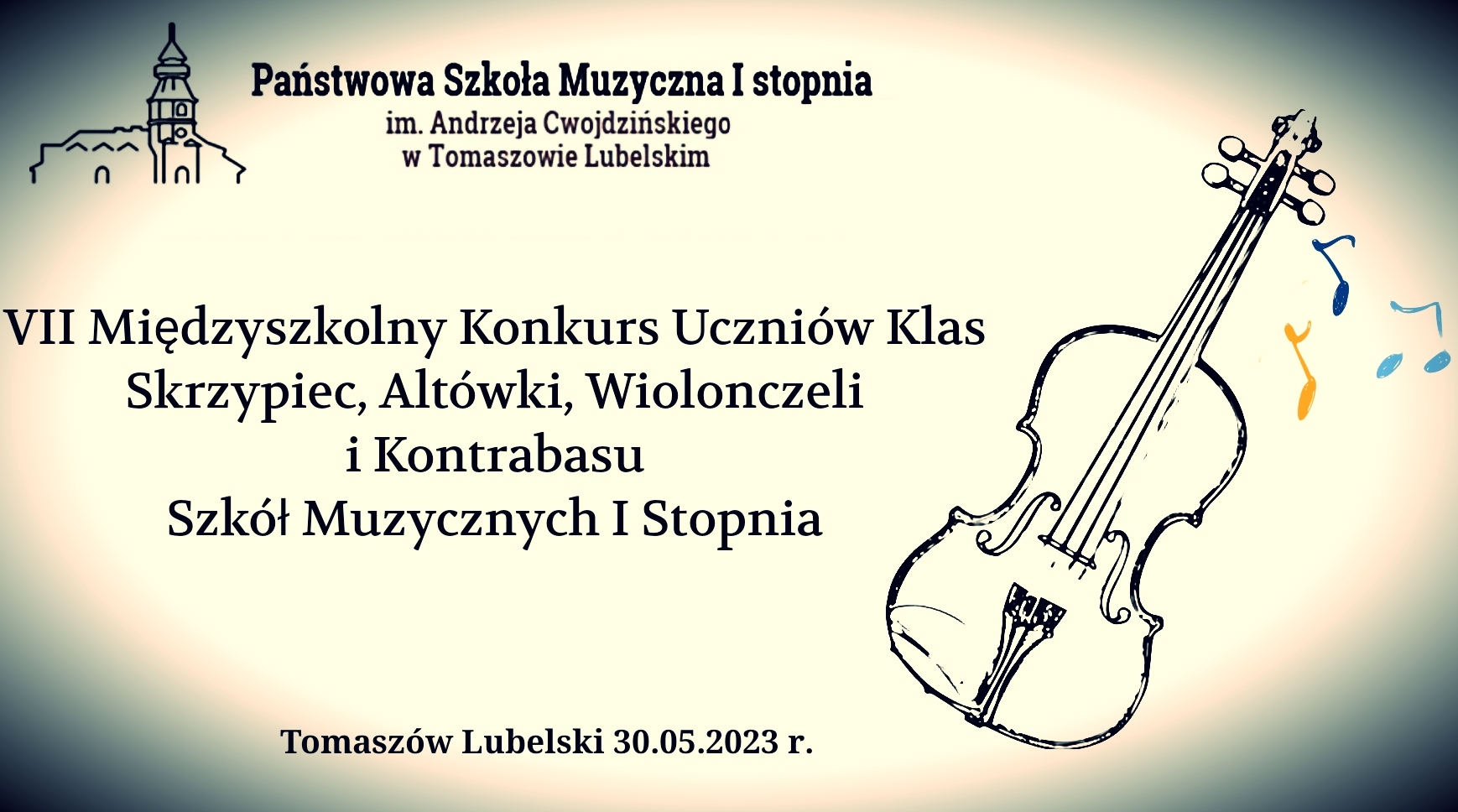 plakat na białym tle z cieniami na konturach, na górze logo szkoły, informacje o konkursie oraz naszkicowane skrzypce z prawej strony 