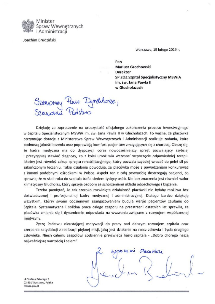 List Pana Joachima Brudzińskiego Ministra Spraw Wewnętrznych i Administracji z okazji zakończenia kolejnego etapu modernizacji 