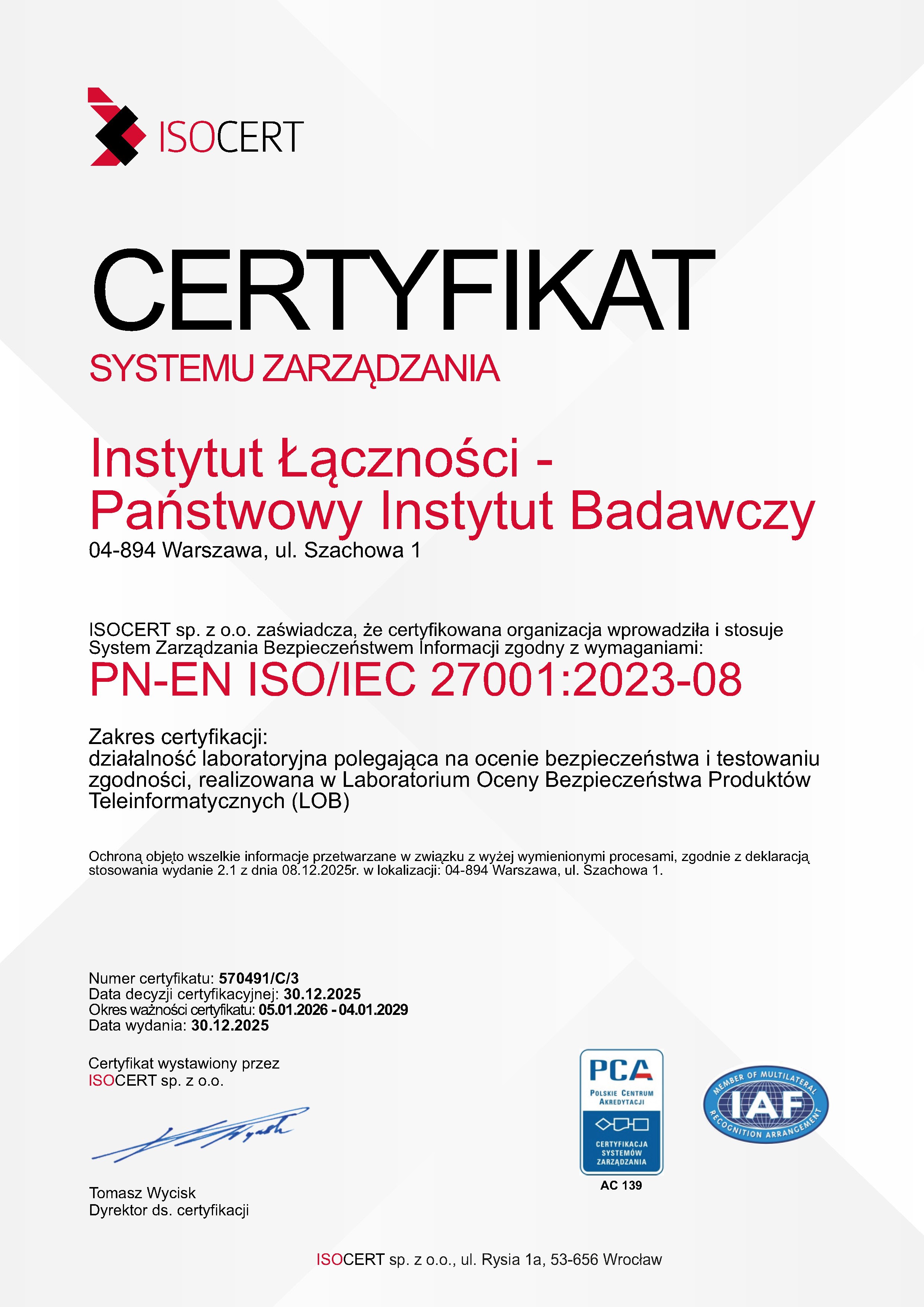 Certyfikat ISOCERT 2026
