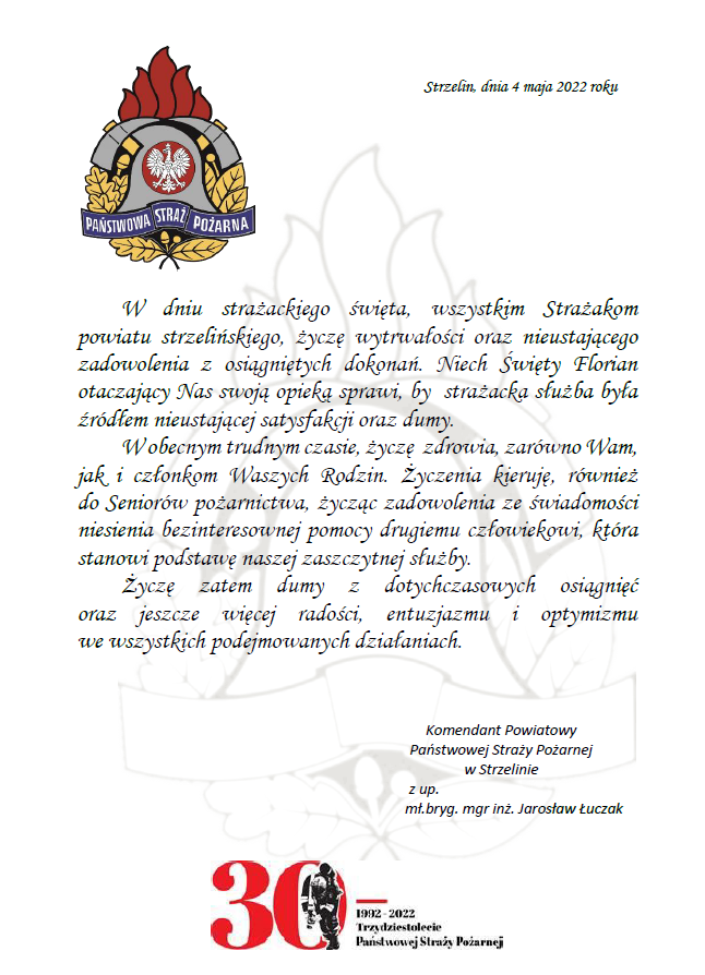 Życzenia z okazji Dnia Strażaka 2022