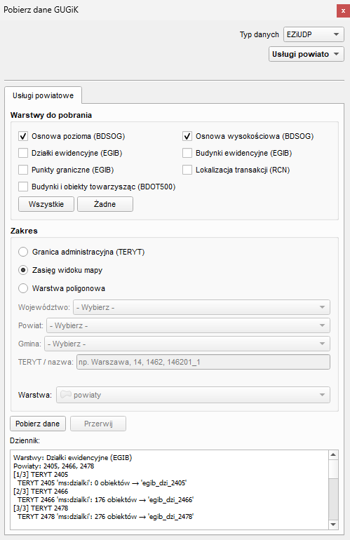 Ilustracja przedstawia zrzut ekranu okna wtyczki Pobierz dane GUGiK podczas pobierania danych z ewidencji zbiorów i usług danych przestrzennych