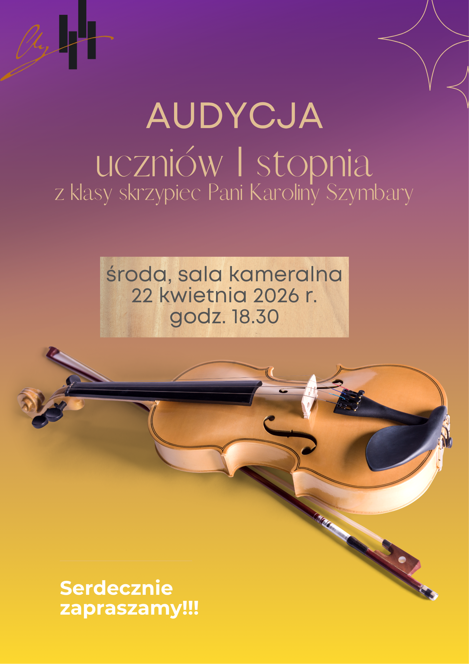 To elegancki i czytelny plakat informujący o nadchodzącym wydarzeniu muzycznym. Poniżej znajdziesz krótki opis oraz propozycje postów, które możesz wykorzystać do promocji. Grafika przedstawia zaproszenie na audycję muzyczną. Plakat utrzymany jest w ciepłej kolorystyce, przechodzącej od głębokiego fioletu u góry do słonecznej żółci na dole. W centralnej części widnieje zdjęcie skrzypiec z smyczkiem, co jednoznacznie wskazuje na charakter koncertu. Tekst jest elegancki i przejrzysty, umieszczony na tle przypominającym strukturę drewna.